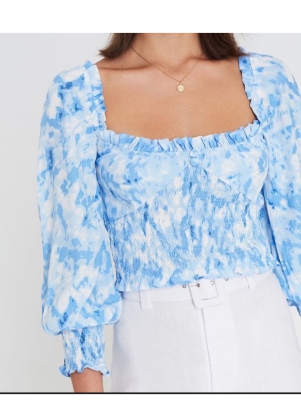 Faithfull The Brand Willow Smocked Blue Floral Top Puff Sleeve Square Neck 8 NWT